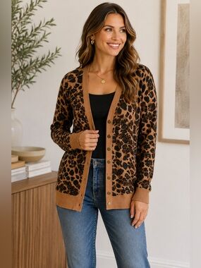 Zenana Leopard Print Snap Button Cardigan Sweater Brown Black Size L